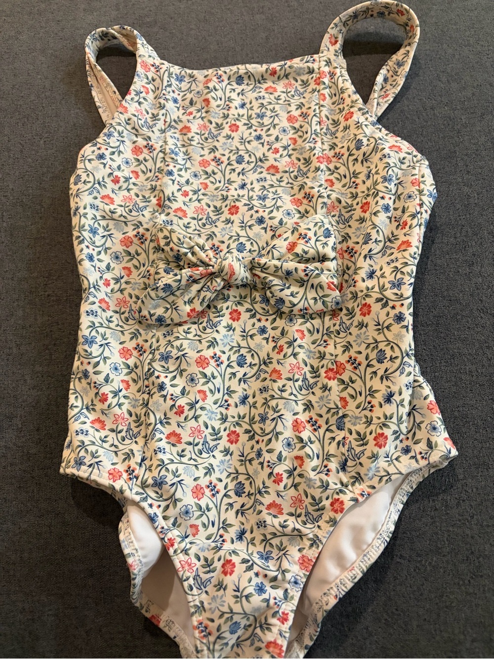 Minnow Girls Floral One-Piece Swimsuit with Bow - Cream with Blue & Pink Flowers